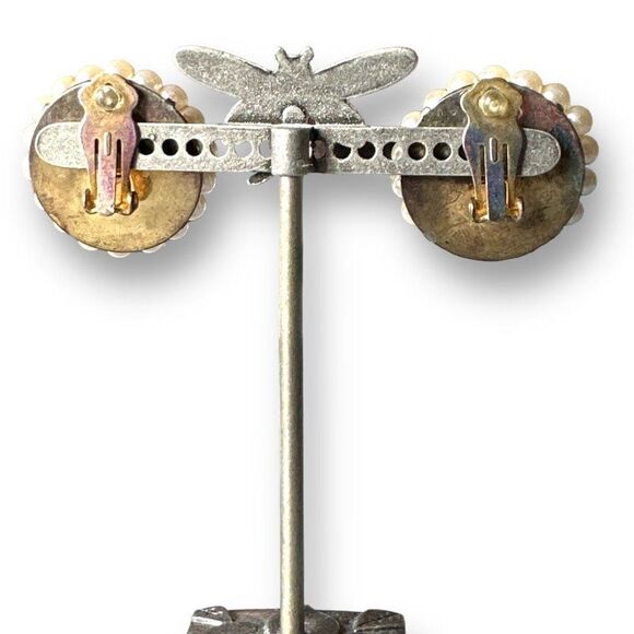 Vintage Imitation Pearl Clip-On Earrings Accented with Rhinestones - Picture 3 of 5